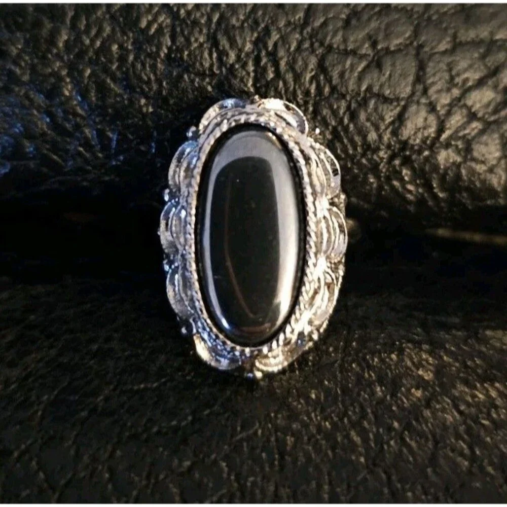 Hematite Cocktail Ring Adjustable Womens Statement Piece Oblong Celebrity Vtg